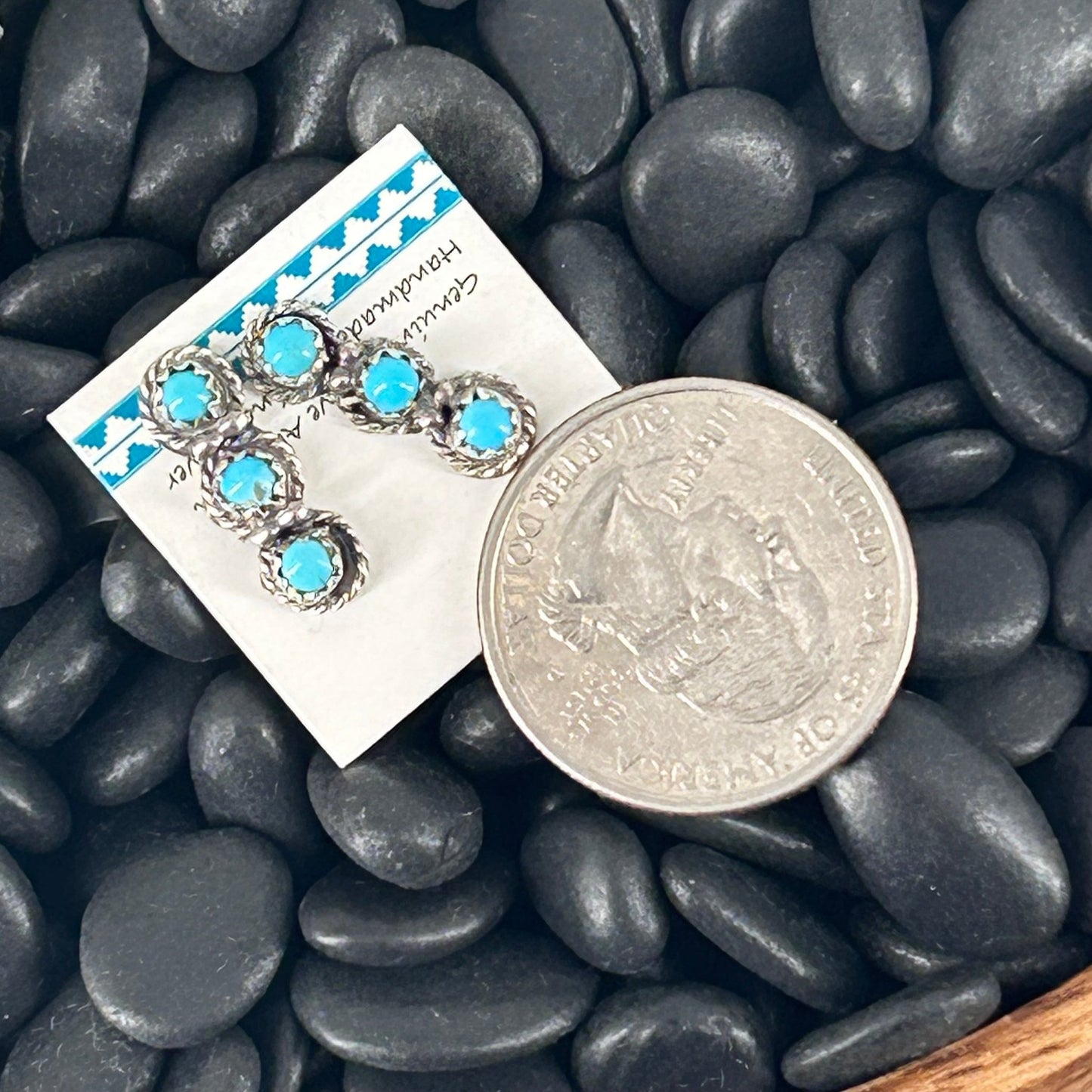 Navajo Sterling Kingman Turquoise 3 Stone Mini Dangle Earrings