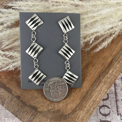 Navajo Sterling Silver Art Deco Stamped Dangle Earrings - Leander Tahe - Turquoise Sunset!