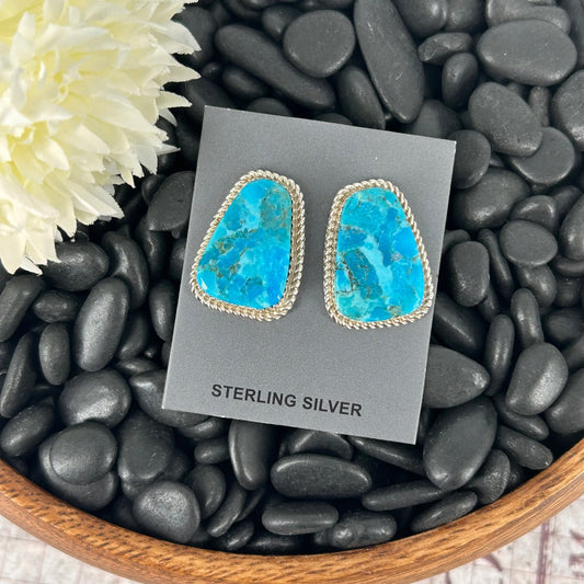 Navajo Sterling Kingman Turquoise & Gold Fill Braided Rope Trim Earrings - Earrings - Gabby - Turquoise Sunset!