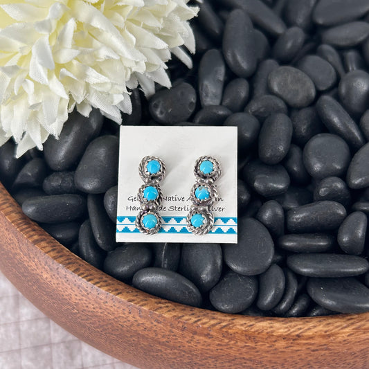 Navajo Sterling Kingman Turquoise 3 Stone Mini Dangle Earrings
