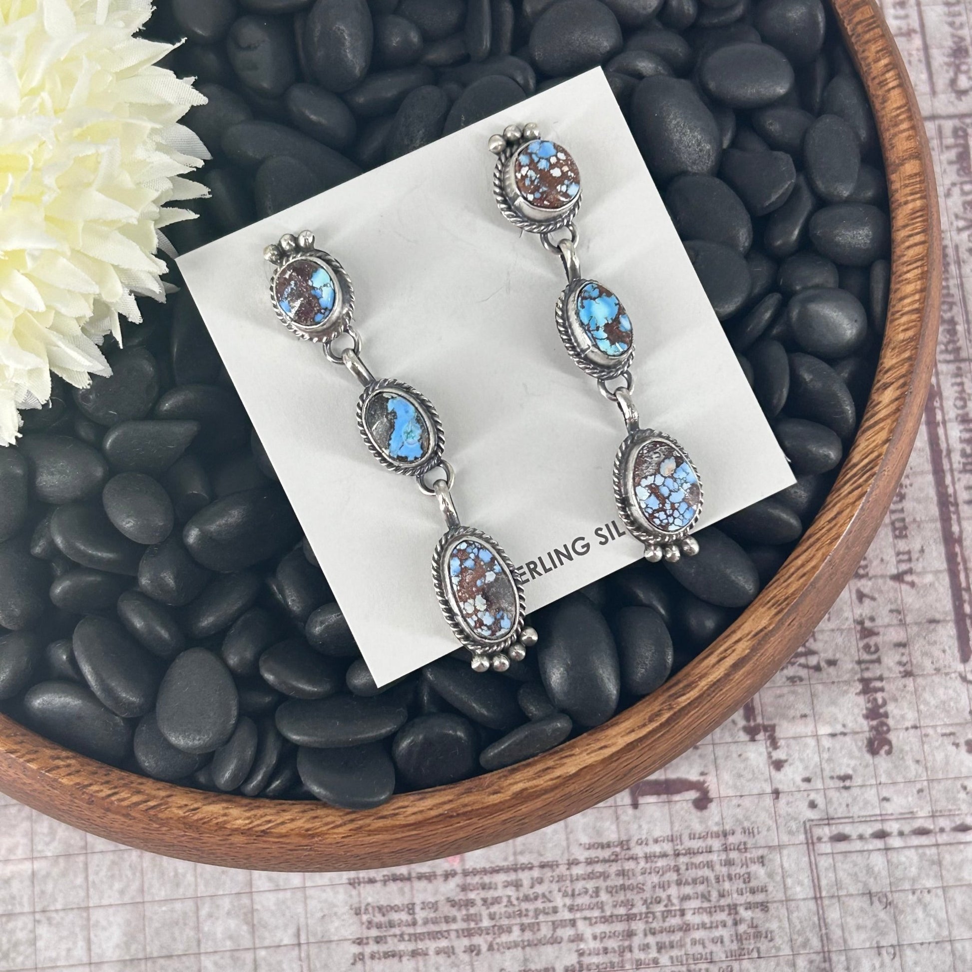 Navajo Sterling Silver Golden Hills Turquoise Dangle Earrings - Earrings - Freda Martinez - Turquoise Sunset!