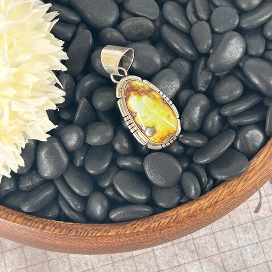 Navajo Sterling Silver Egg Shaped Palomino Variscite Pendant - Pendant - Stamped - Turquoise Sunset!