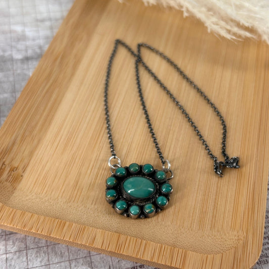 Sterling Silver Kingman Turquoise Green 12 Stone Cluster Necklace - Necklace - Turquoise Sunset!