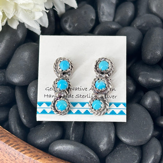Navajo Sterling Kingman Turquoise 3 Stone Mini Dangle Earrings