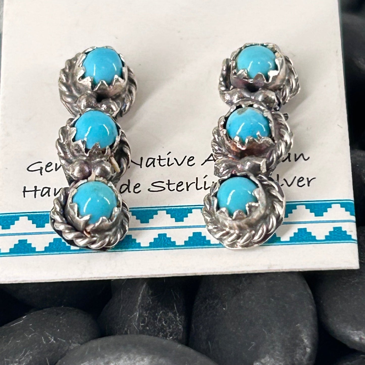 Navajo Sterling Kingman Turquoise 3 Stone Mini Dangle Earrings
