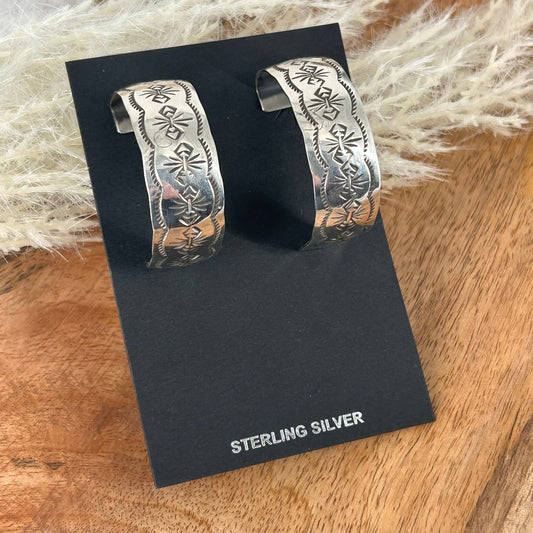 Navajo Sterling Silver Stamped 1.5 inch Hoop Earrings - Earrings - Chimney Butte - Turquoise Sunset!