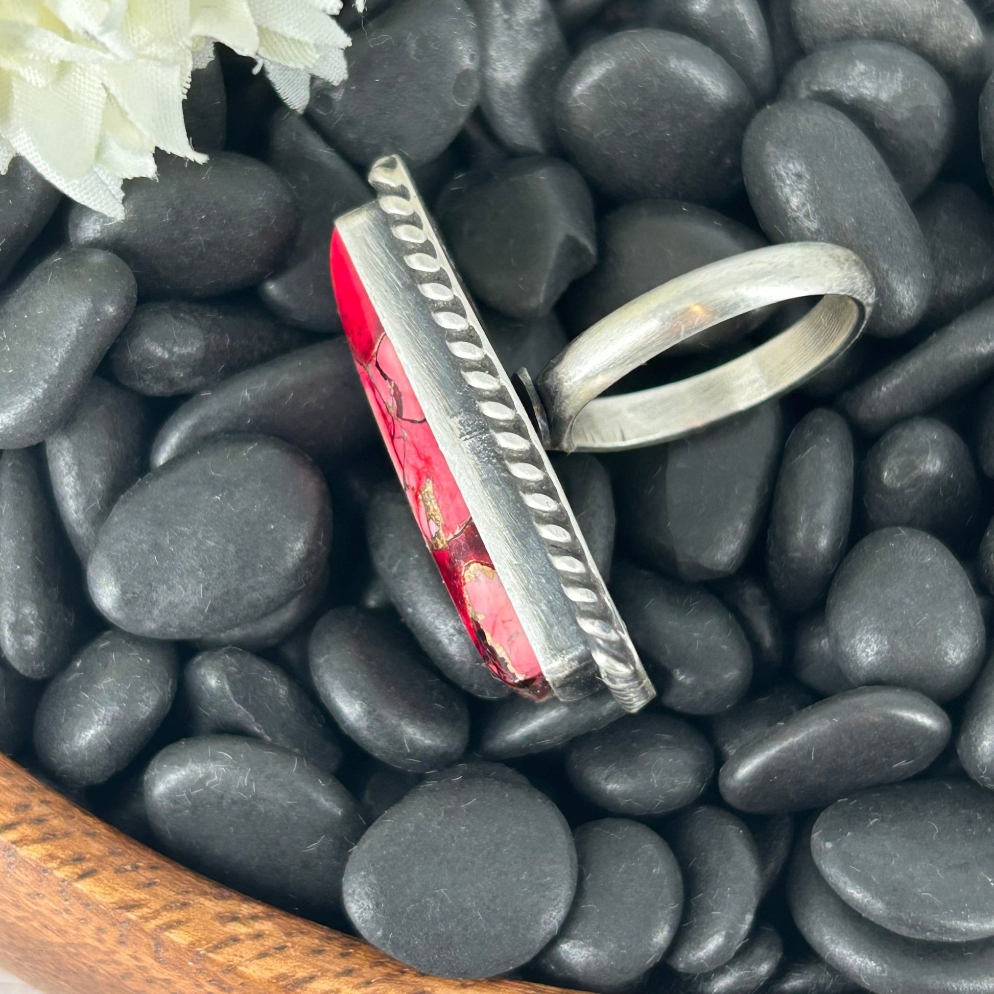 Navajo Sterling Dahlia Rose Bar Braided Rope Trim Ring - Rings - Johnny Dixon - Turquoise Sunset!