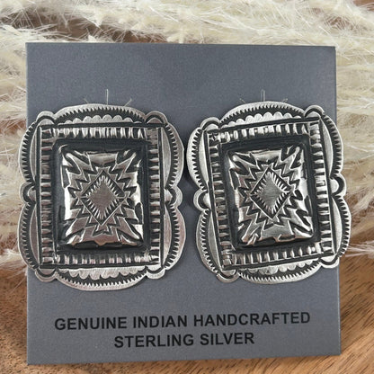 Navajo Sterling Silver Art Deco Stamped Earrings - Leander Tahe - Turquoise Sunset!