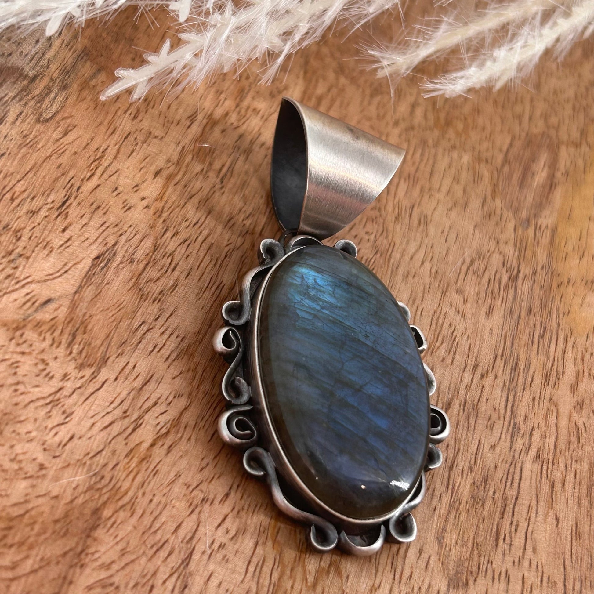 Navajo Sterling Silver Oval Labradorite Framed Pendant - Chimney Butte - Turquoise Sunset!