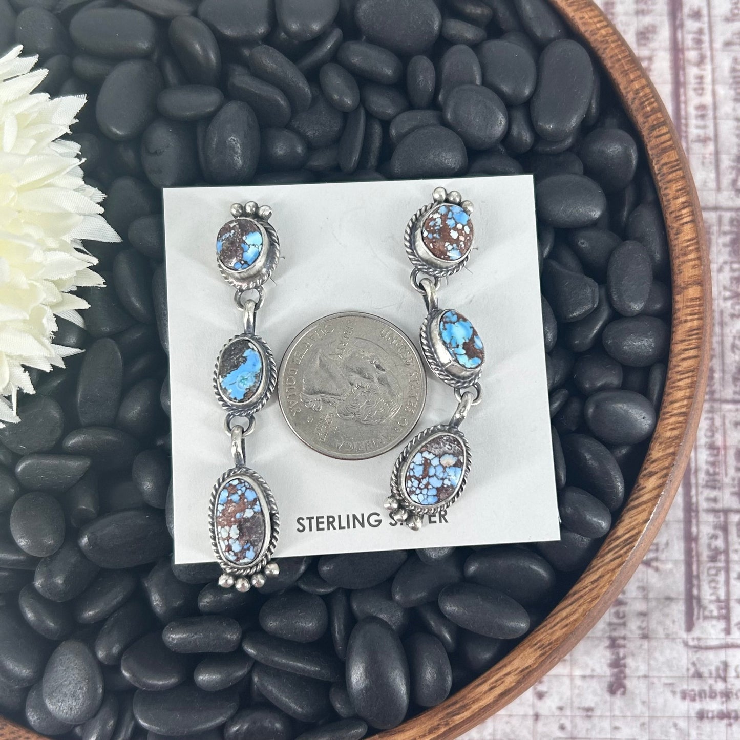 Navajo Sterling Silver Golden Hills Turquoise Dangle Earrings - Earrings - Freda Martinez - Turquoise Sunset!