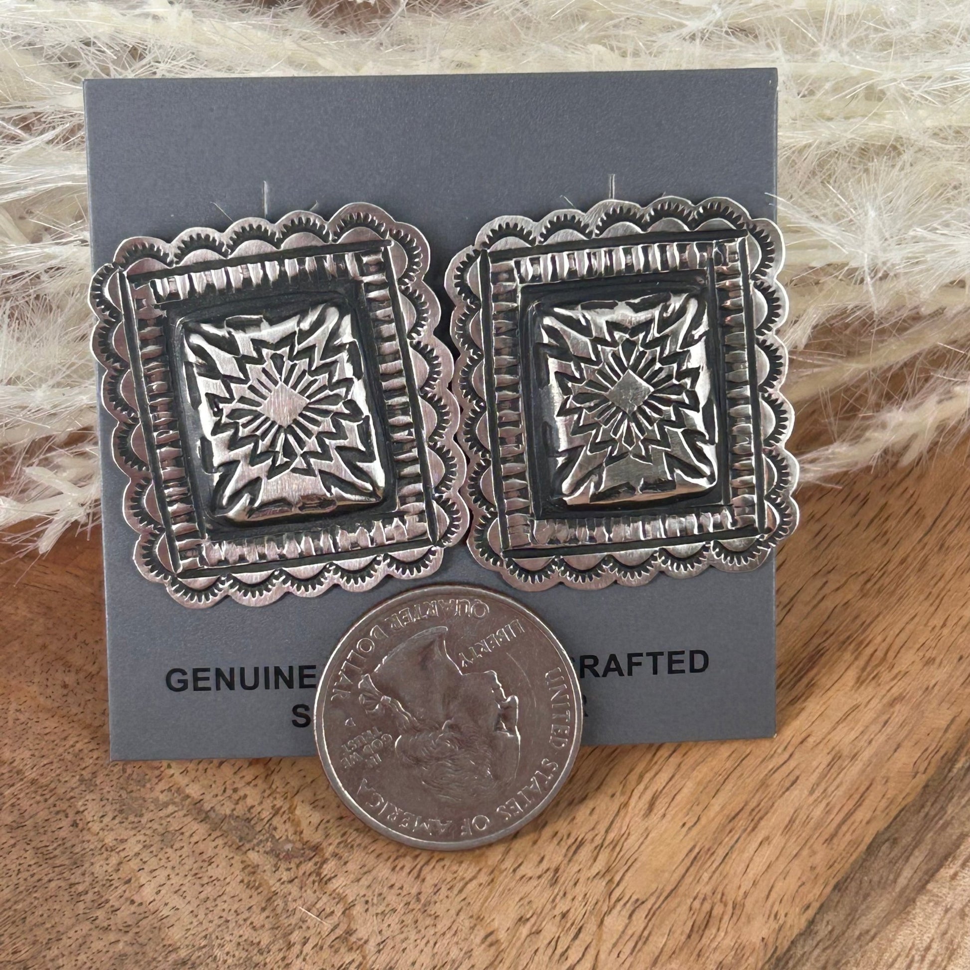 Navajo Sterling Silver Art Deco Stamped Earrings - Leander Tahe - Turquoise Sunset!