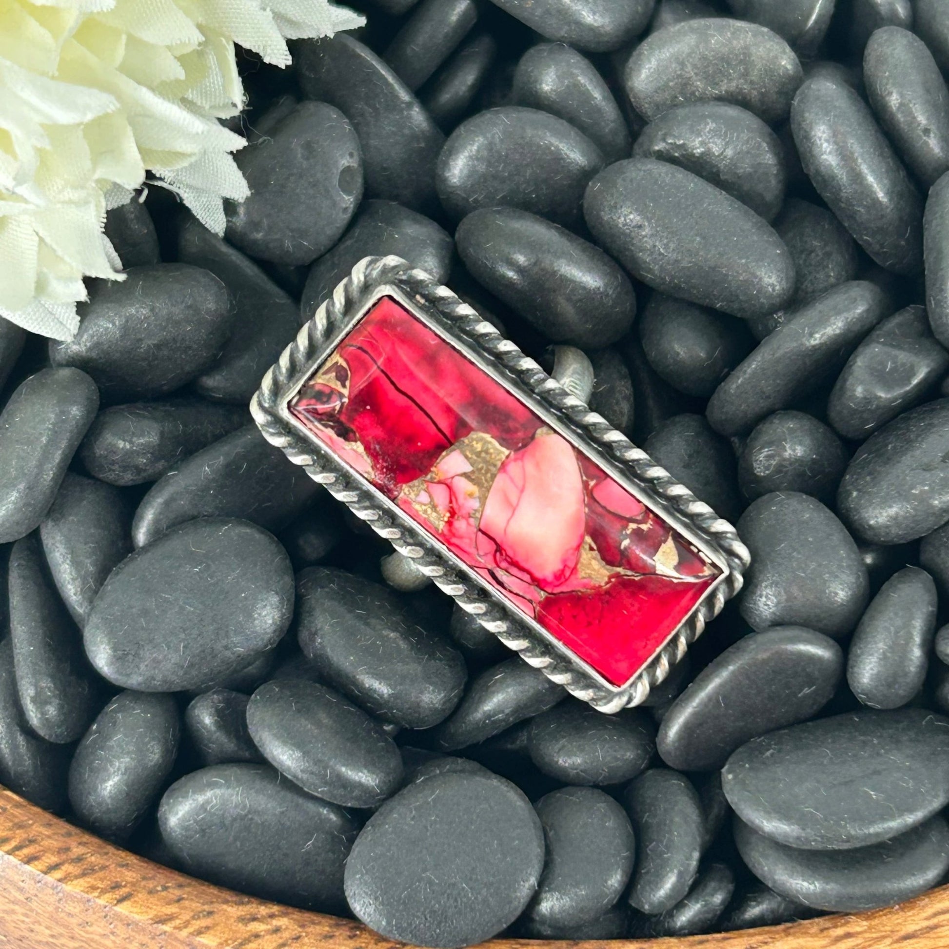 Navajo Sterling Dahlia Rose Bar Braided Rope Trim Ring - Rings - Johnny Dixon - Turquoise Sunset!