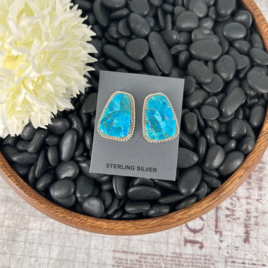 Navajo Sterling Kingman Turquoise & Gold Fill Braided Rope Trim Earrings - Earrings - Gabby - Turquoise Sunset!