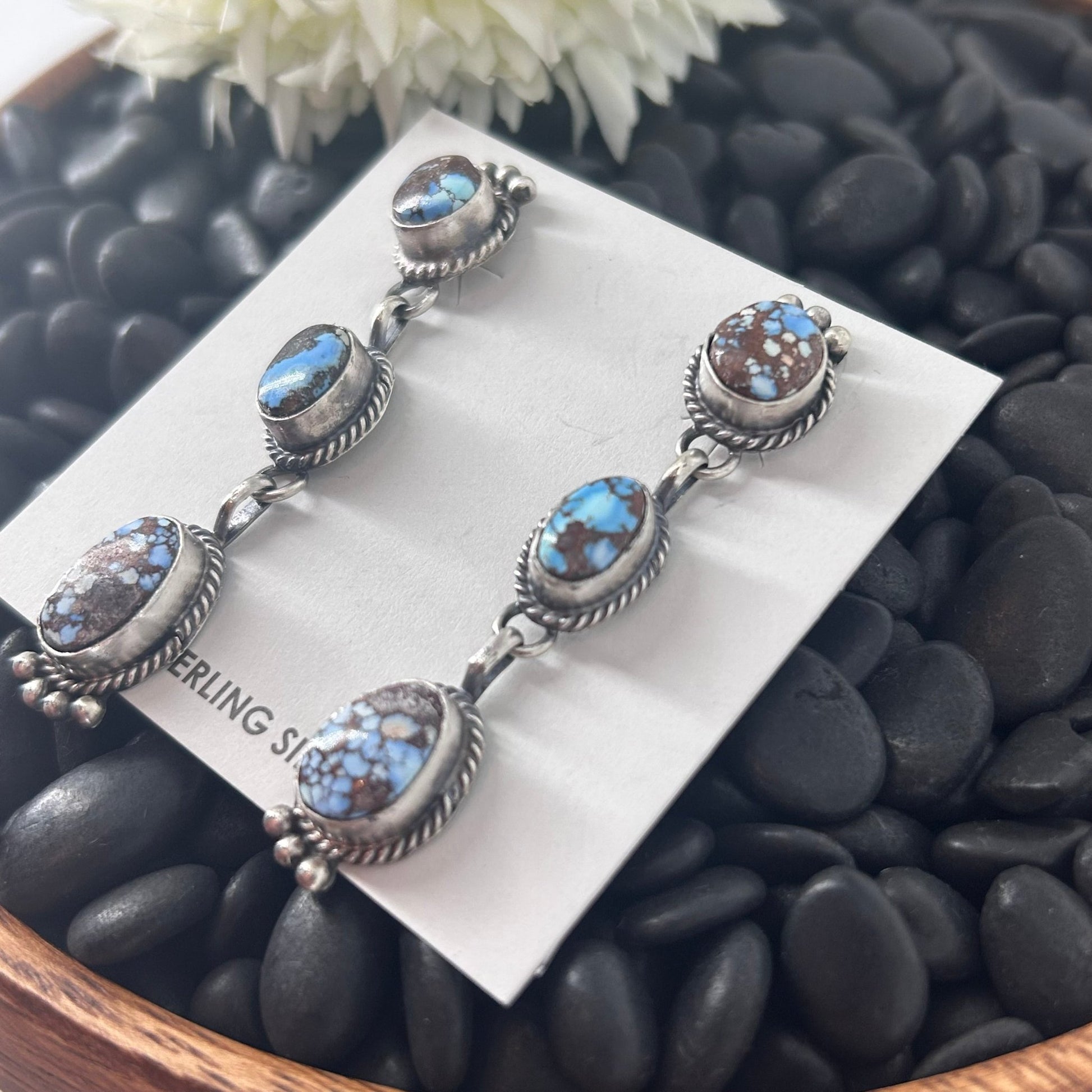Navajo Sterling Silver Golden Hills Turquoise Dangle Earrings - Earrings - Freda Martinez - Turquoise Sunset!