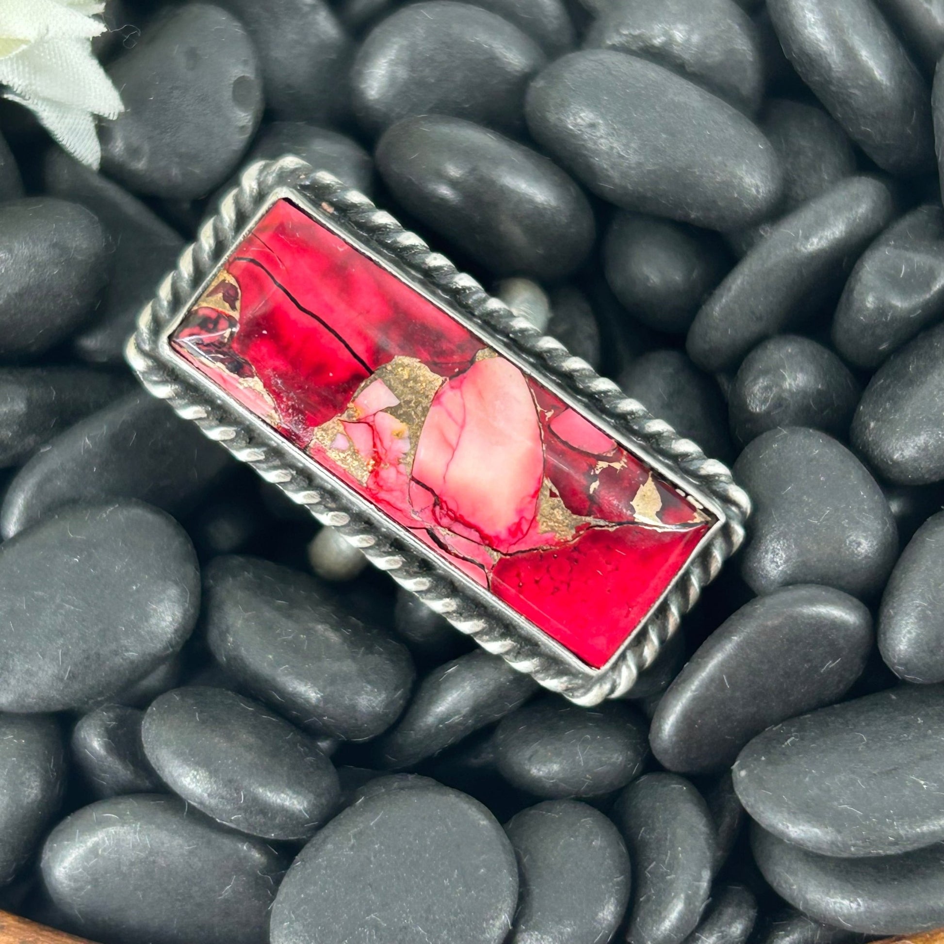Navajo Sterling Dahlia Rose Bar Braided Rope Trim Ring - Rings - Johnny Dixon - Turquoise Sunset!