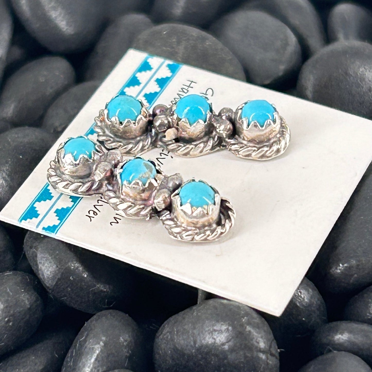 Navajo Sterling Kingman Turquoise 3 Stone Mini Dangle Earrings