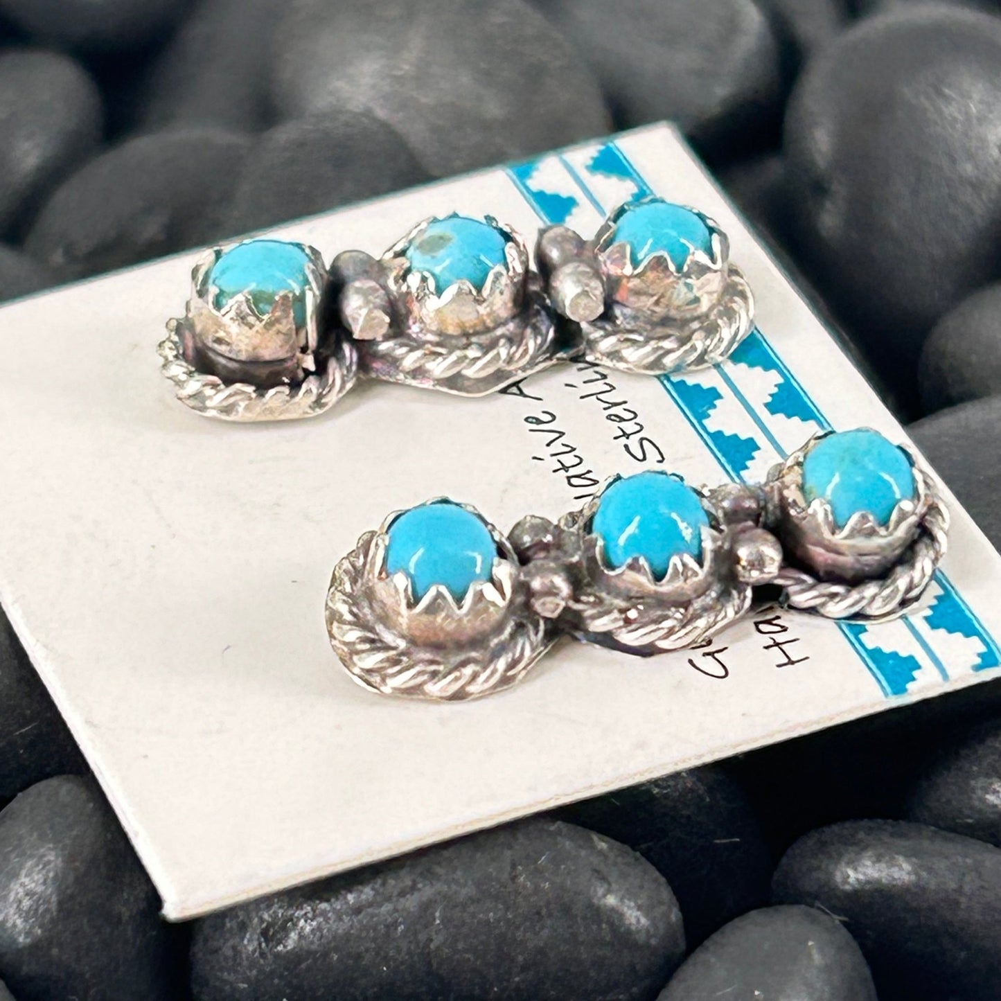 Navajo Sterling Kingman Turquoise 3 Stone Mini Dangle Earrings