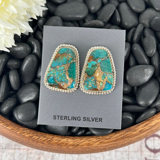 Navajo Sterling Kingman Turquoise & Gold Fill Braided Rope Trim Earrings - Earrings - Gabby - Turquoise Sunset!