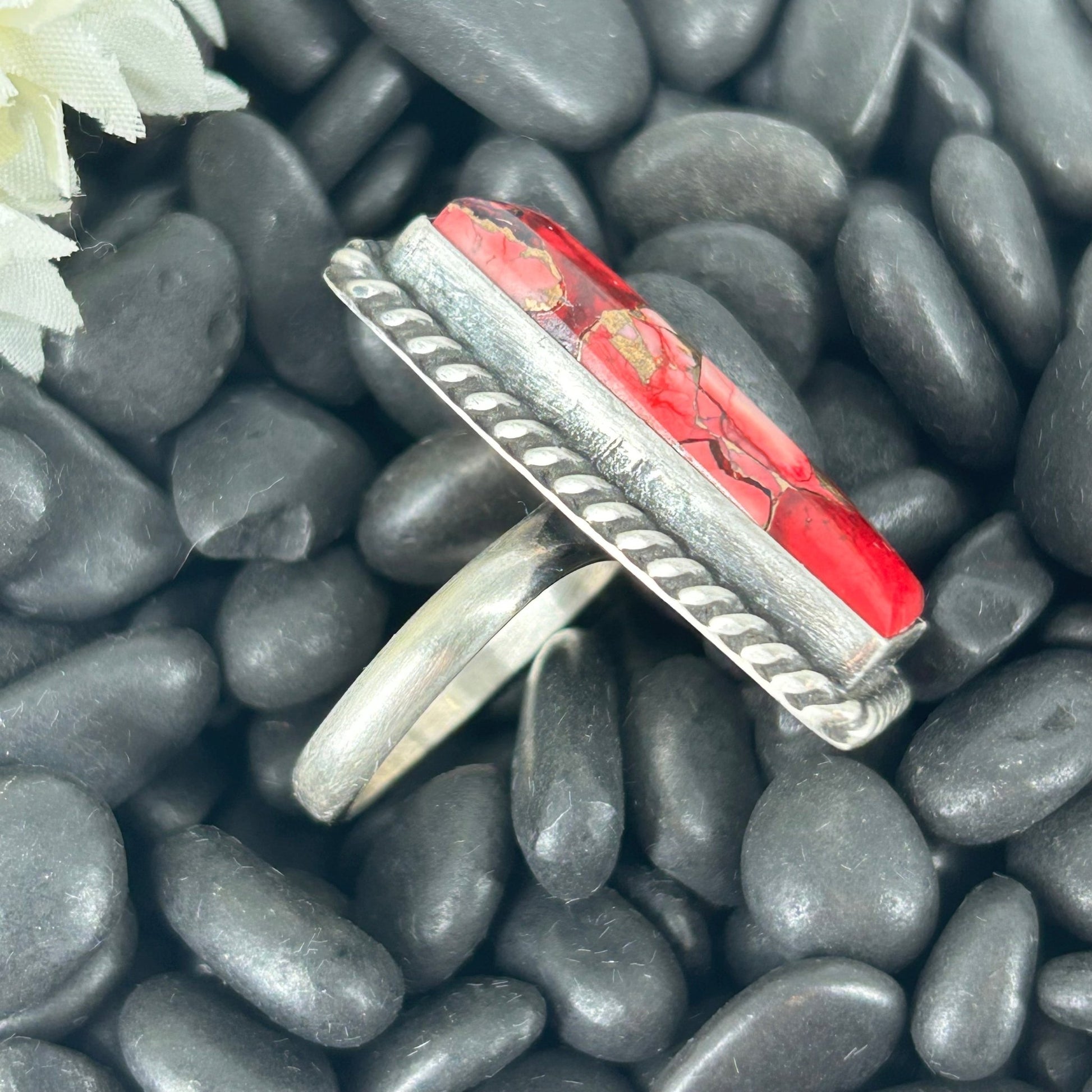 Navajo Sterling Dahlia Rose Bar Braided Rope Trim Ring - Rings - Johnny Dixon - Turquoise Sunset!