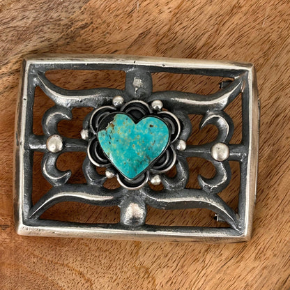 Navajo Sterling Silver Kingman Turquoise Heart Belt Buckle - Chimney Butte - Turquoise Sunset!