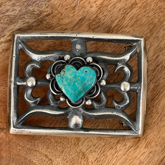 Navajo Sterling Silver Kingman Turquoise Heart Belt Buckle - Belt Buckles - Chimney Butte - Turquoise Sunset!