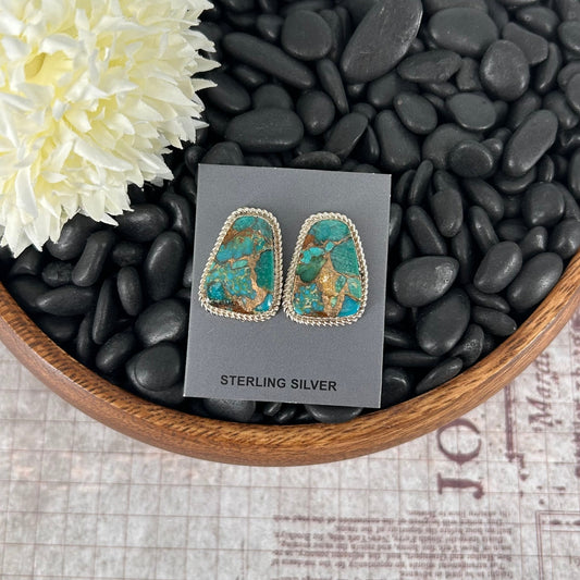 Navajo Sterling Kingman Turquoise & Gold Fill Braided Rope Trim Earrings - Earrings - Gabby - Turquoise Sunset!