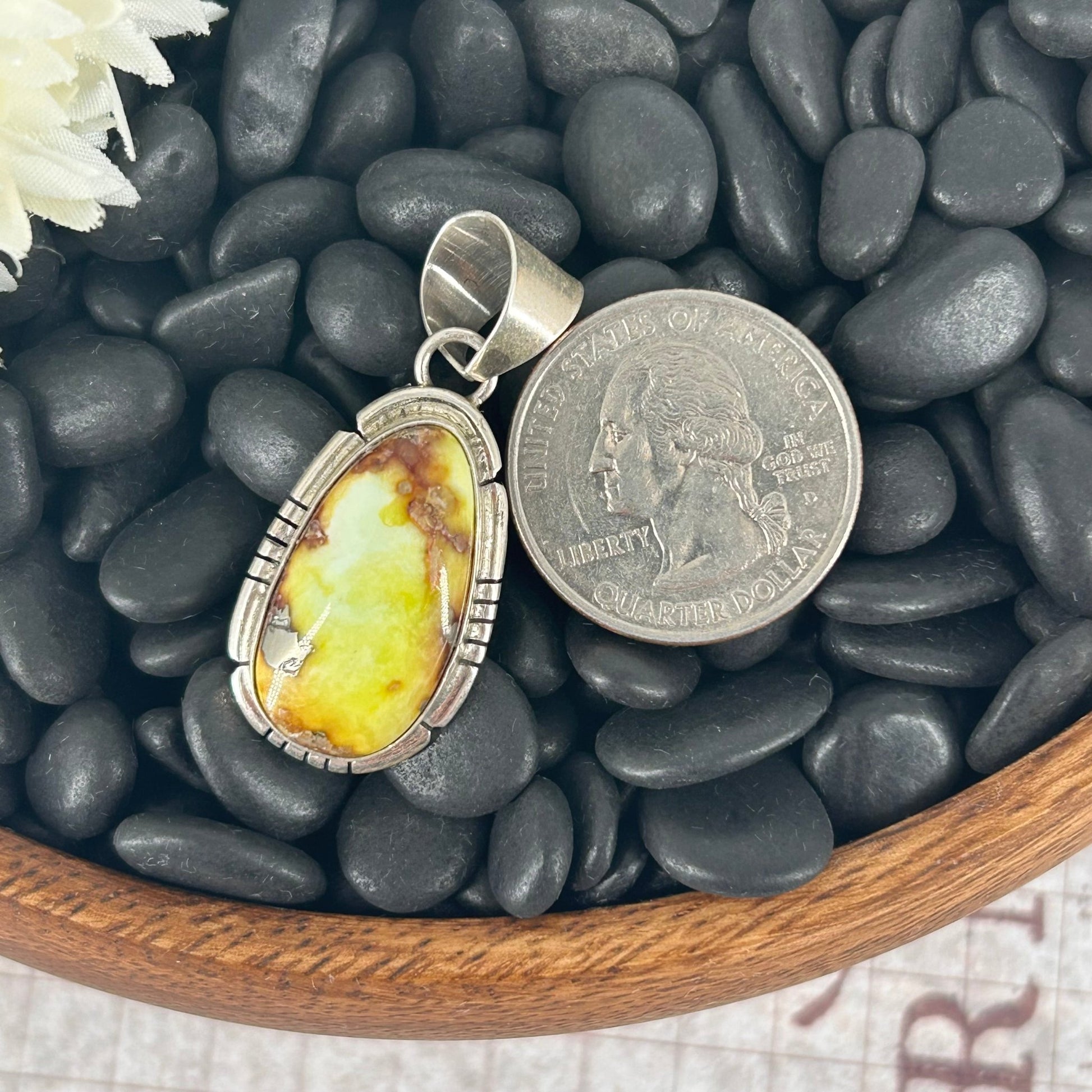 Navajo Sterling Silver Egg Shaped Palomino Variscite Pendant - Pendant - Stamped - Turquoise Sunset!