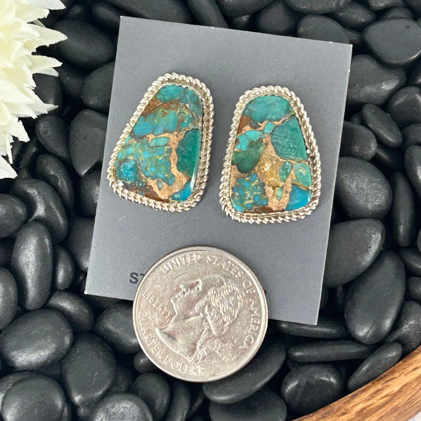 Navajo Sterling Kingman Turquoise & Gold Fill Braided Rope Trim Earrings - Earrings - Gabby - Turquoise Sunset!