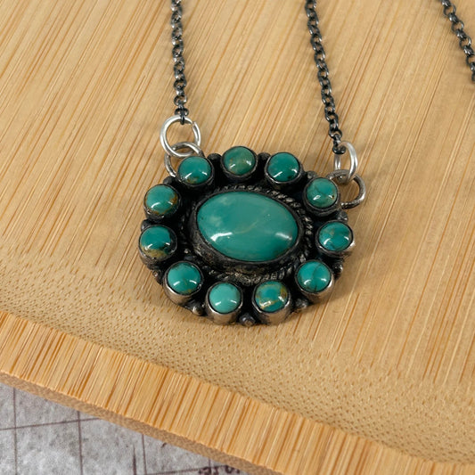 Sterling Silver Kingman Turquoise Green 12 Stone Cluster Necklace - Necklace - Turquoise Sunset!