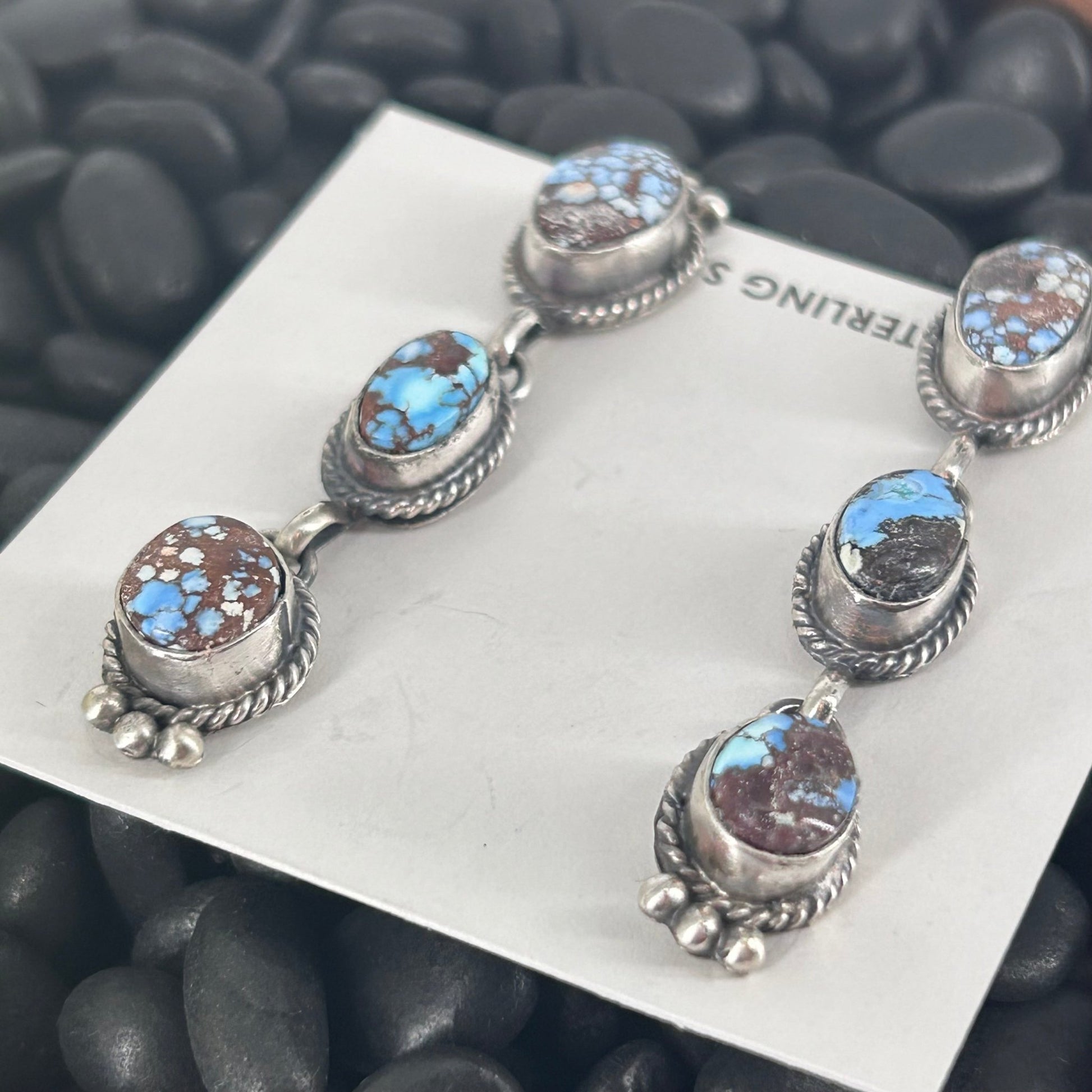 Navajo Sterling Silver Golden Hills Turquoise Dangle Earrings - Earrings - Freda Martinez - Turquoise Sunset!