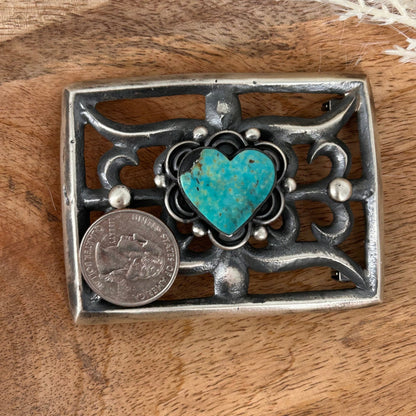 Navajo Sterling Silver Kingman Turquoise Heart Belt Buckle - Chimney Butte - Turquoise Sunset!