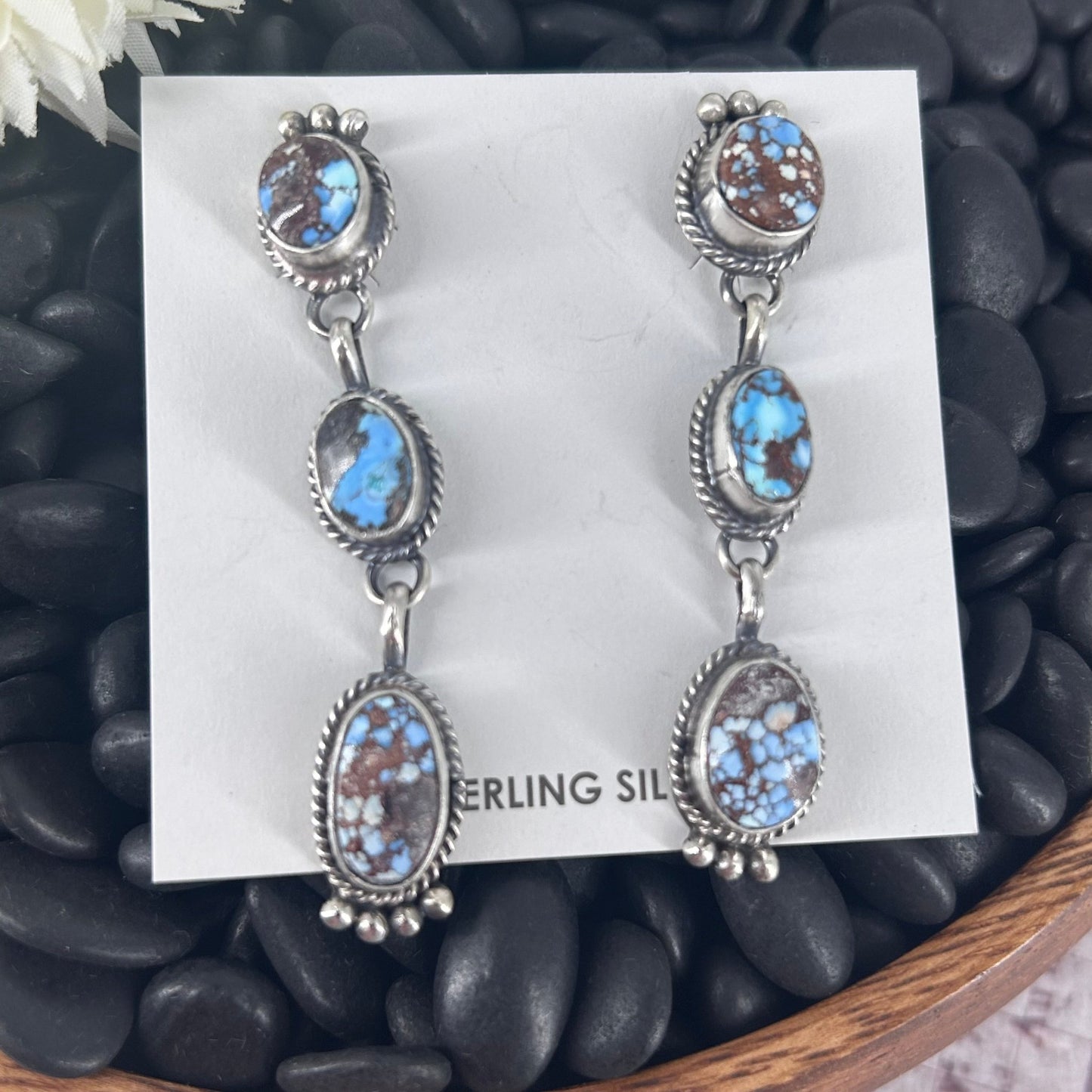 Navajo Sterling Silver Golden Hills Turquoise Dangle Earrings - Earrings - Freda Martinez - Turquoise Sunset!