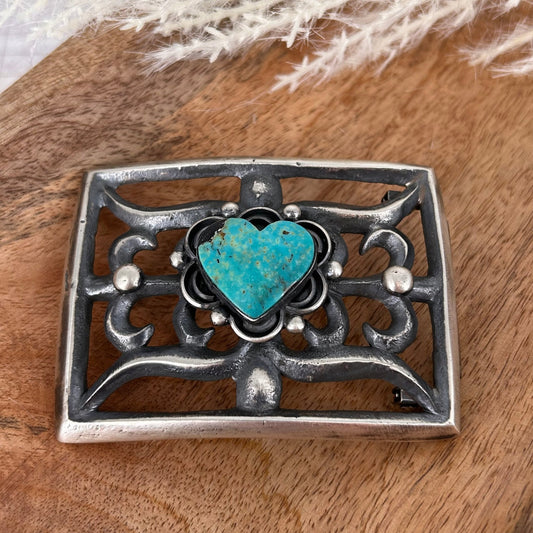 Navajo Sterling Silver Kingman Turquoise Heart Belt Buckle - Belt Buckles - Chimney Butte - Turquoise Sunset!