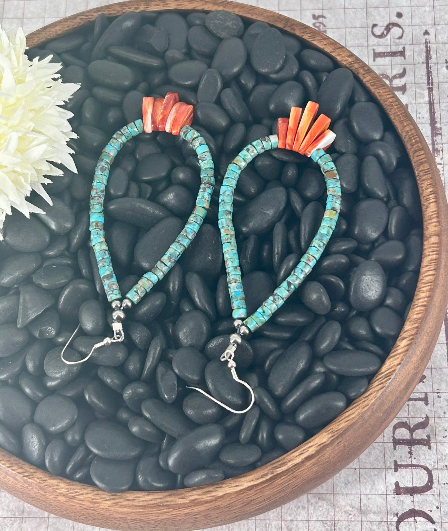 Kingman Turquoise Heishi & Spiny Oyster Dangle Earrings - Turquoise Sunset!