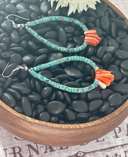Kingman Turquoise Heishi & Spiny Oyster Dangle Earrings - Turquoise Sunset!