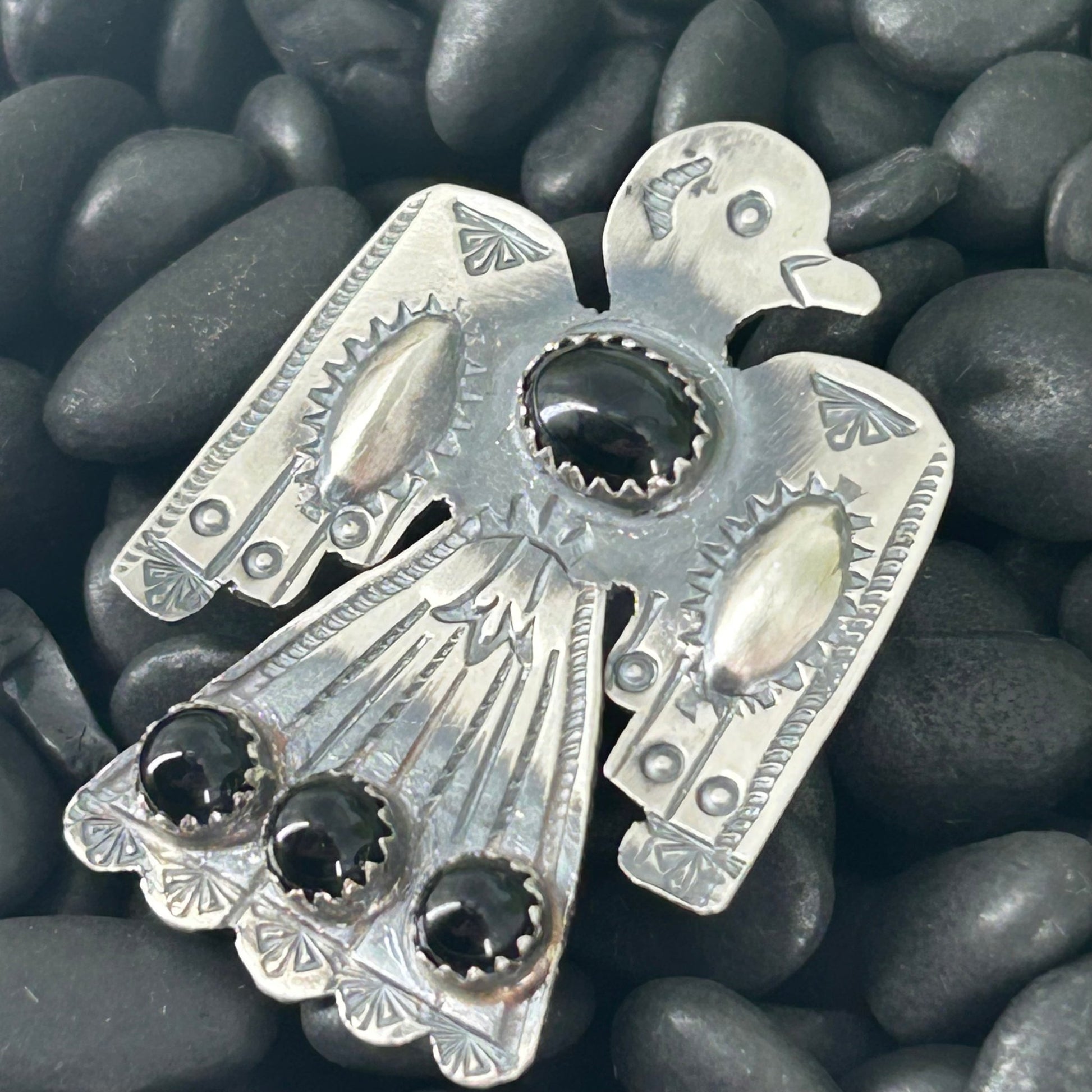 Navajo Sterling 4 Black Onyx Stone Eagle Ring - Rings - Stamped - Turquoise Sunset!