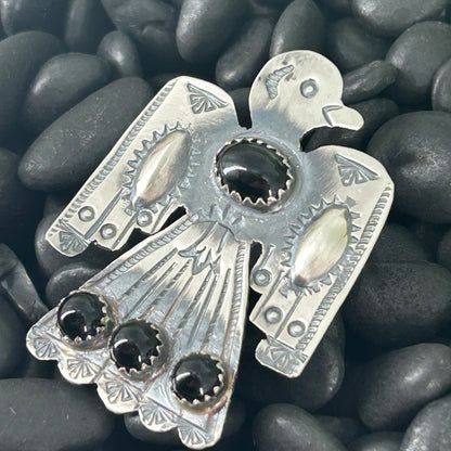 Navajo Sterling 4 Black Onyx Stone Thunderbird Ring - Tim Yazzie - Turquoise Sunset!