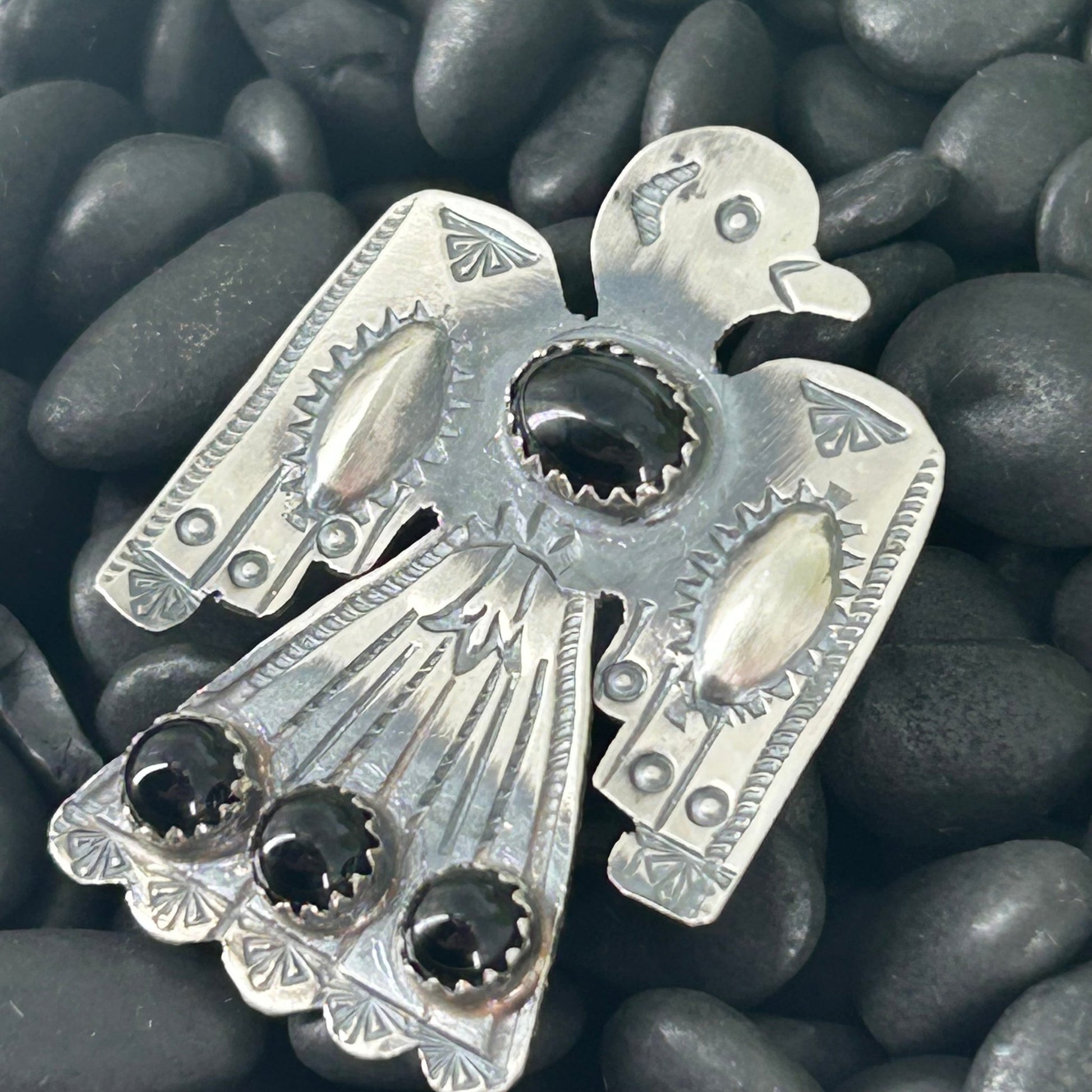 Navajo Sterling 4 Black Onyx Stone Eagle Ring - Rings - Stamped - Turquoise Sunset!