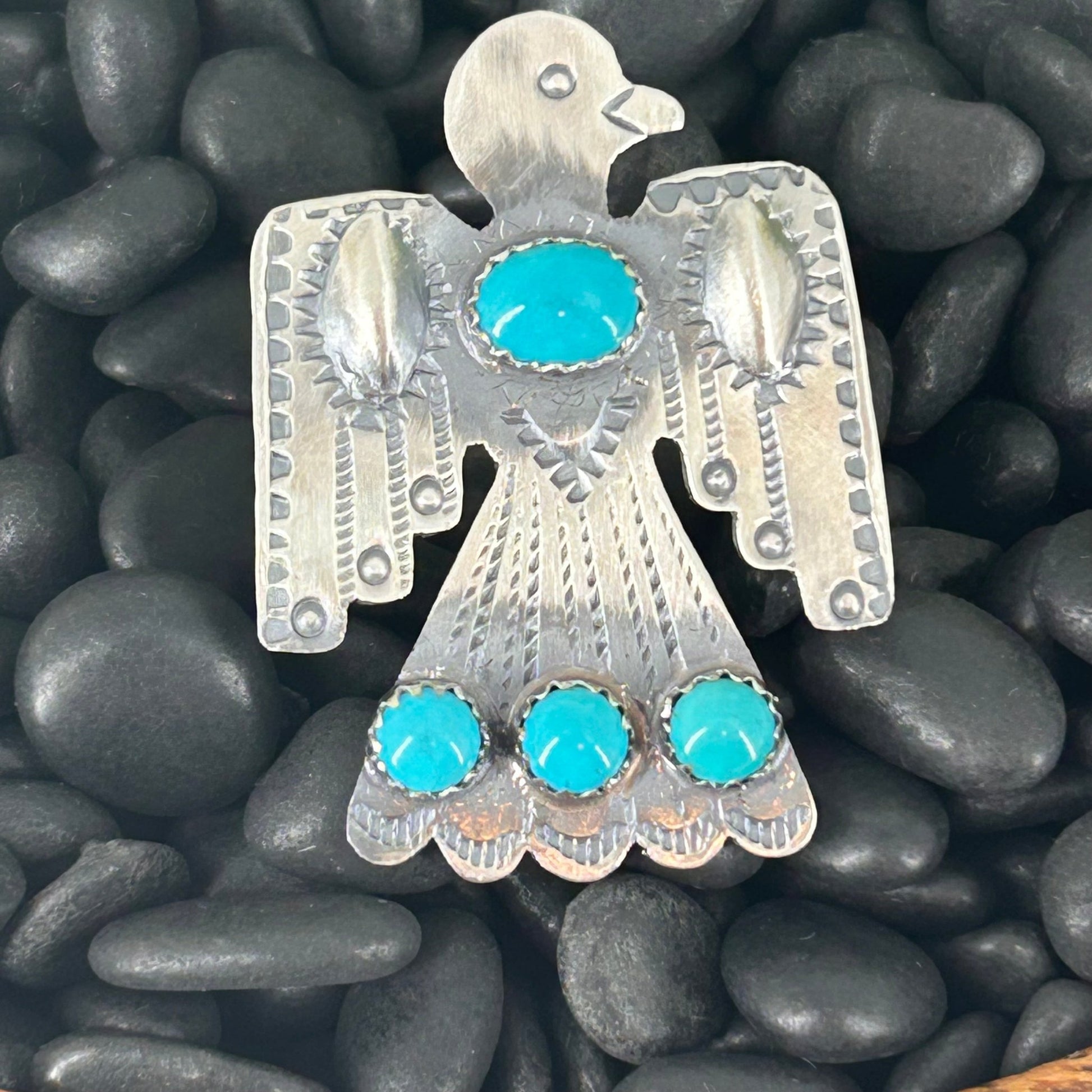 Navajo Sterling 4 Kingman Turquoise Stone Eagle Ring - Rings - Stamped - Turquoise Sunset!