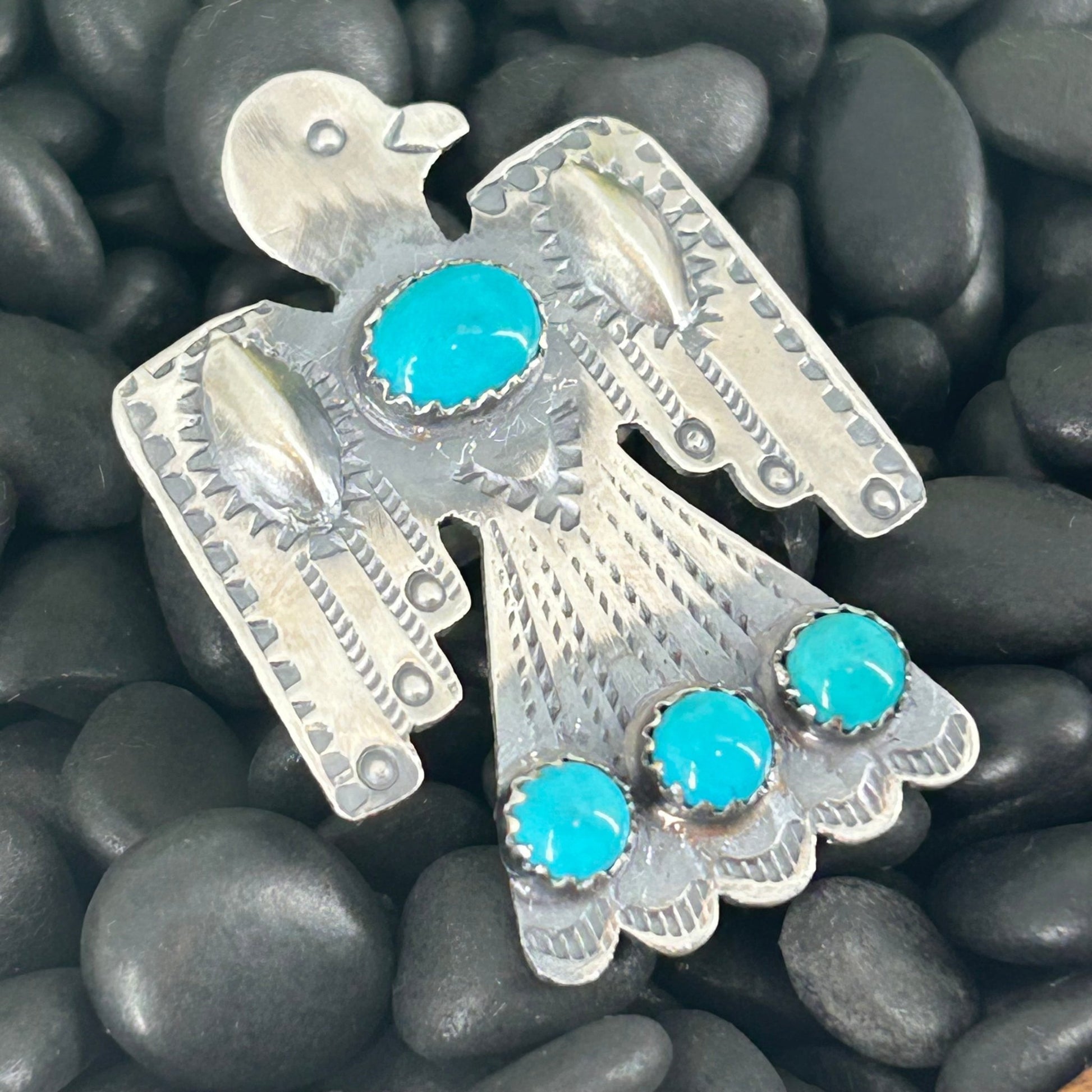 Navajo Sterling 4 Kingman Turquoise Stone Eagle Ring - Rings - Stamped - Turquoise Sunset!