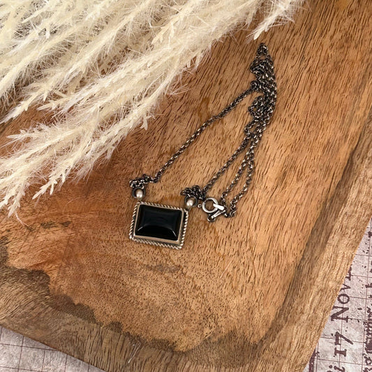 Navajo Sterling Black Onyx .8" Bar Necklace - Necklace - Stamped - Turquoise Sunset!