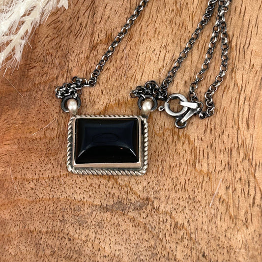 Navajo Sterling Black Onyx .8" Bar Necklace - Necklace - Stamped - Turquoise Sunset!