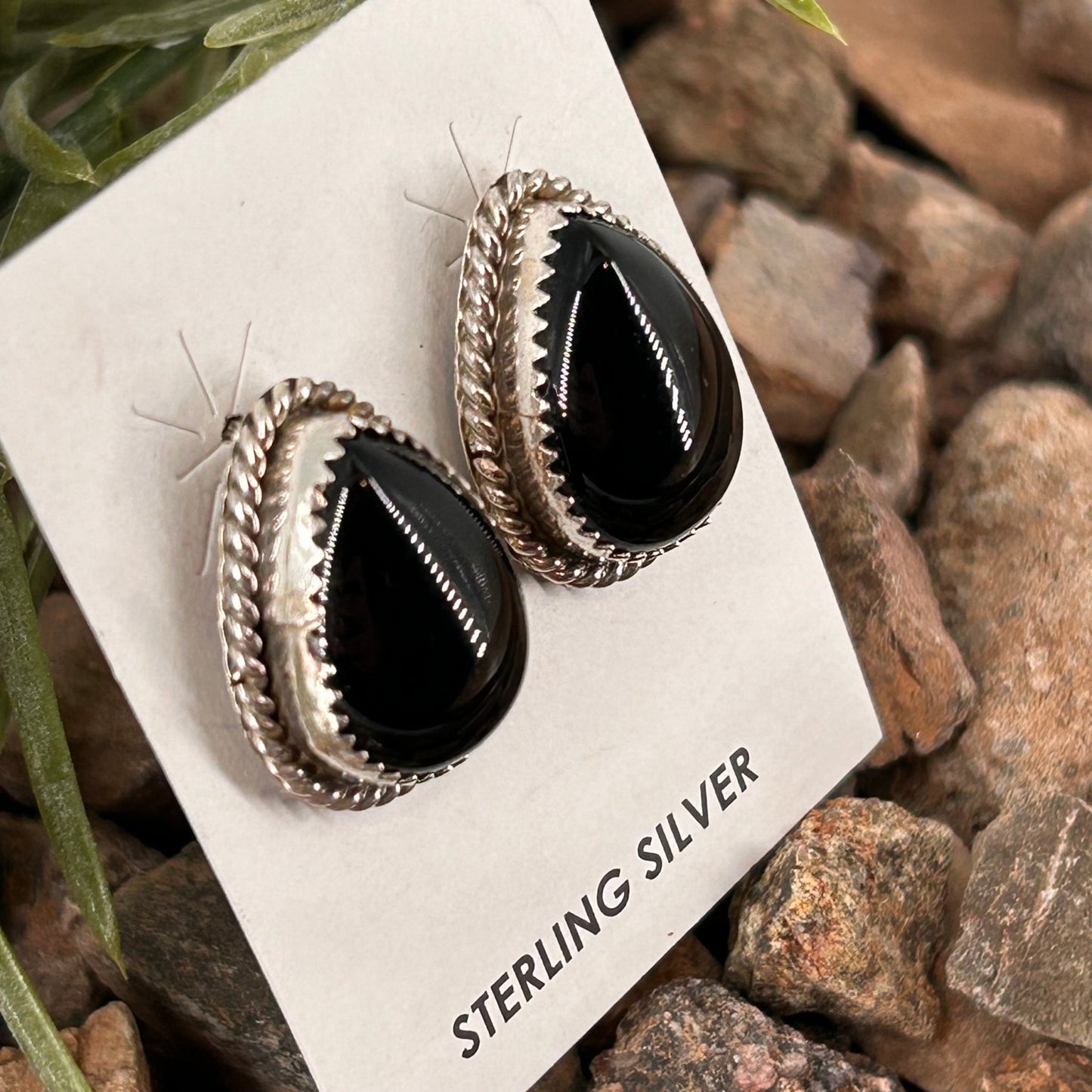 Navajo Sterling Black Onyx Braided Rope Trim Teardrop Stud Earrings - Earrings - Freda Martinez - Turquoise Sunset!