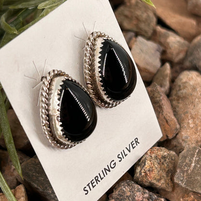 Navajo Sterling Black Onyx Braided Rope Trim Teardrop Stud Earrings - Freda Martinez - Turquoise Sunset!