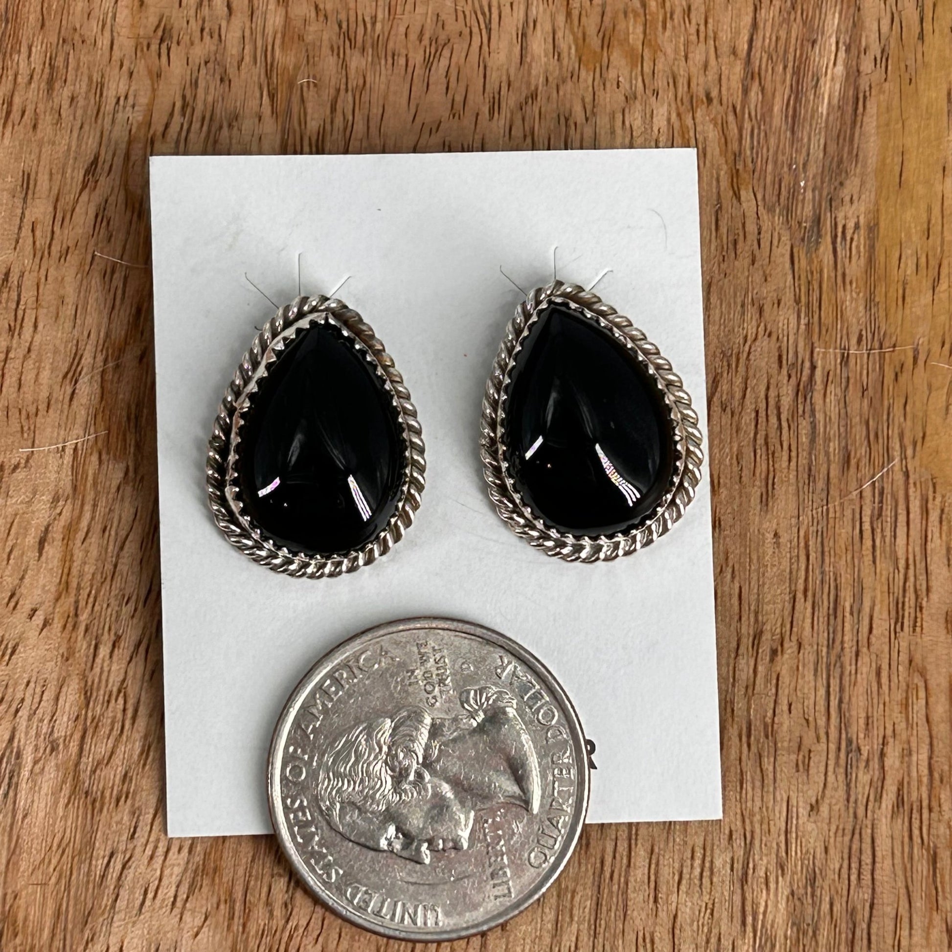 Navajo Sterling Black Onyx Braided Rope Trim Teardrop Stud Earrings - Earrings - Freda Martinez - Turquoise Sunset!