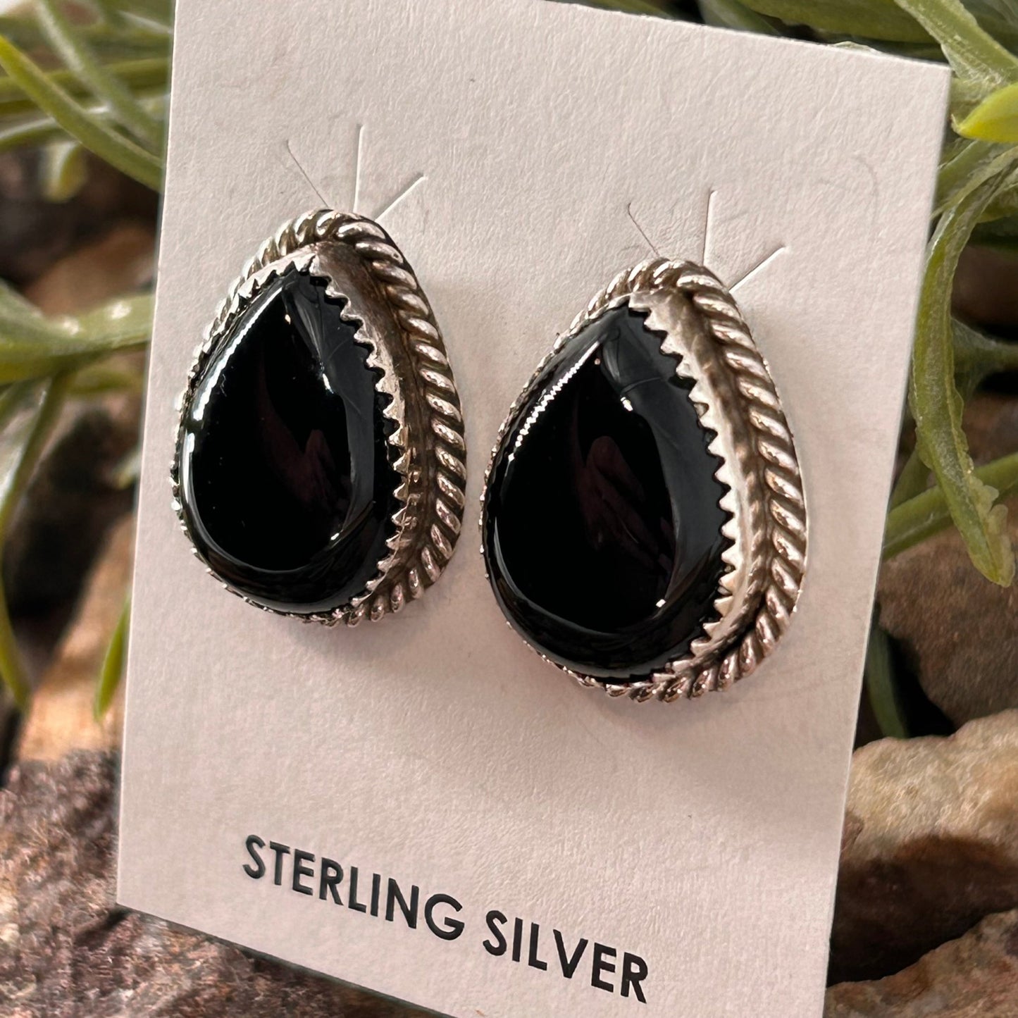 Navajo Sterling Black Onyx Braided Rope Trim Teardrop Stud Earrings - Earrings - Freda Martinez - Turquoise Sunset!