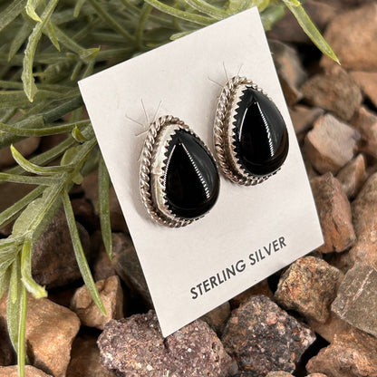 Navajo Sterling Black Onyx Braided Rope Trim Teardrop Stud Earrings - Freda Martinez - Turquoise Sunset!