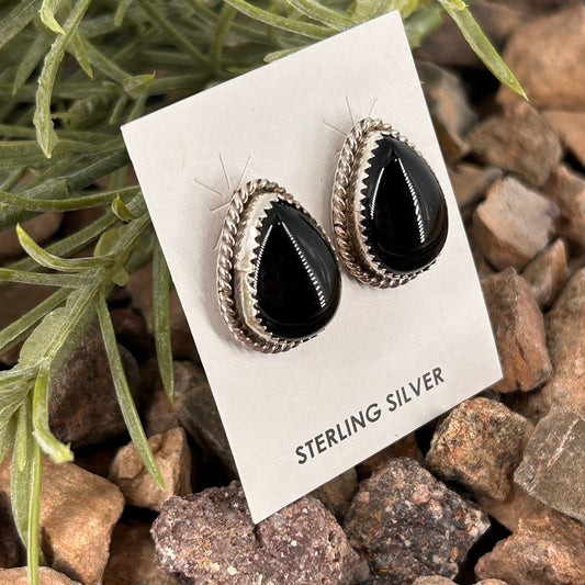 Navajo Sterling Black Onyx Braided Rope Trim Teardrop Stud Earrings - Earrings - Freda Martinez - Turquoise Sunset!