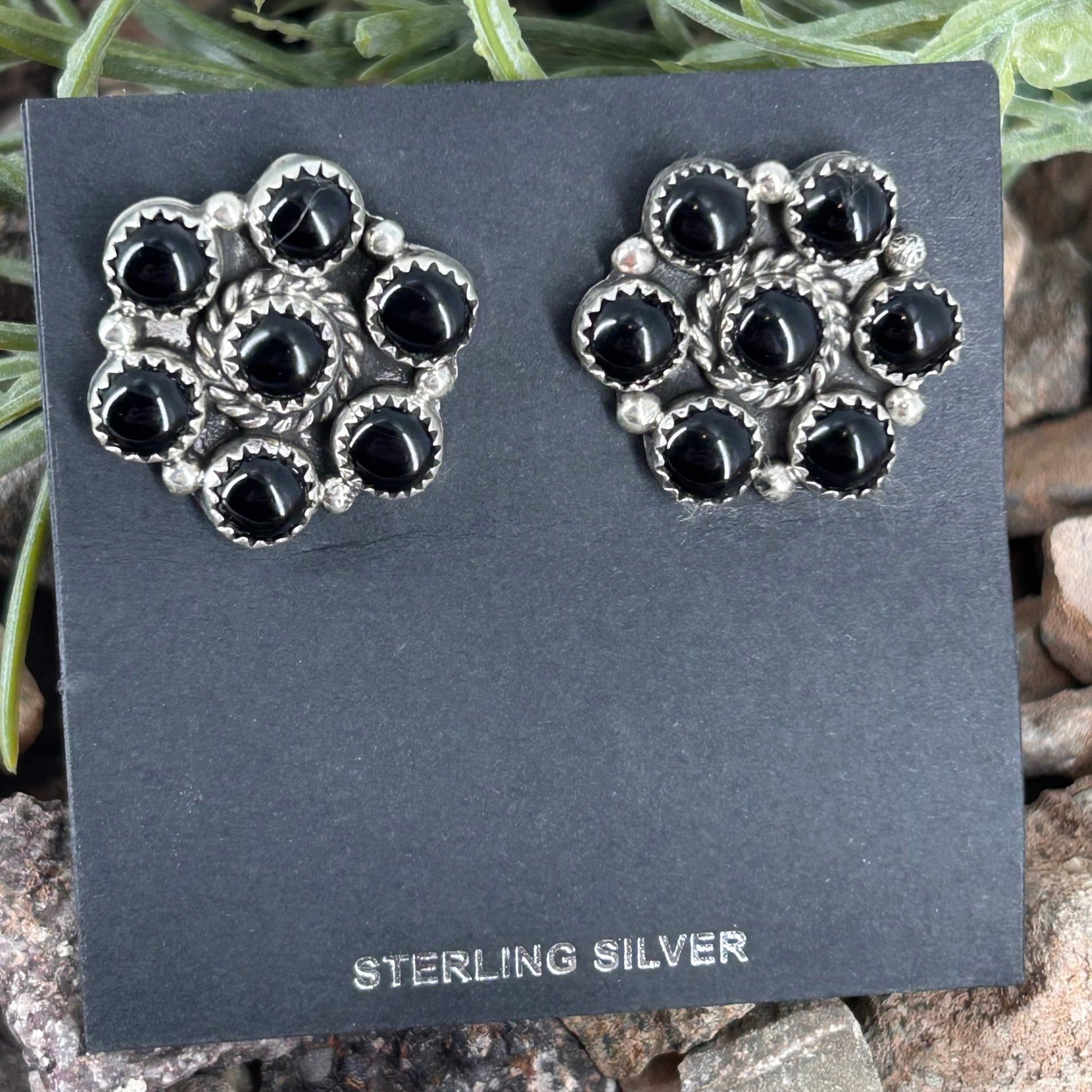 Navajo Sterling Black Onyx Flower Stud Earring - Earrings - Maxine Ramirez - Turquoise Sunset!