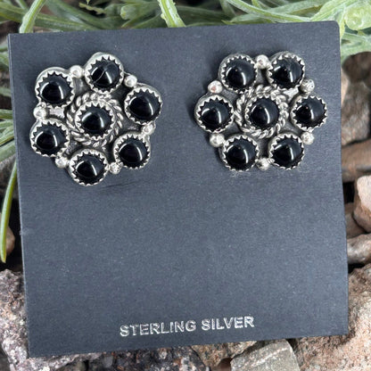 Navajo Sterling Black Onyx Flower Stud Earring - Maxine Ramirez - Turquoise Sunset!